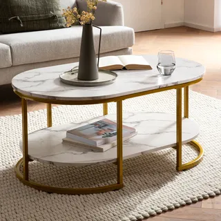 FineBuy Couchtisch 100x60x45 cm Weiß Marmor Optik Wohnzimmertisch Rechteckig Lounge Sofatisch Ablage Kaffeetisch Modern mit goldenem Metallgestell - Weiß