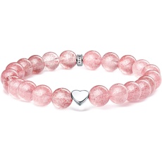 Natürliche Edelstein Armband Damen, 8mm Armband Perlen, Armband mit Herz mit 925 Sterling Silber Herz Charme, Geschenk für Frauen