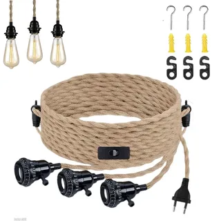 Calenxy Hanfseil Pendellampe Kit,Hängelampe mit Stecker,3-Flammig Vintage Hängelampe Lampenkabel mit Schalter Lampenfassung E27 mit Kabel 8,5M DIY Pendellampe für Haus Küche Cafe Balkon