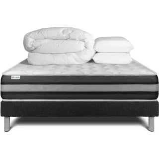 Komplettpaket Bett - Matratze 160x200 cm + Boxspringbett mit Lattenrost (im Set) + 2 Kopfkissen + Bettdecke - Vitalspring Zen - Schwarz