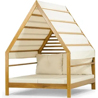 Hellbraune Designer Gartenliege Holz Sonnenliege Polster Doppelsitzer - Braun, Weiß