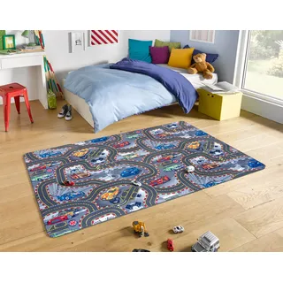 HANSE HOME Play Spielteppich Straße – Kinderteppich rutschfest Jungen & Mädchen Kurzflor Teppich Auto Rennstrecke-Motiv für Schlafzimmer, Kinderzimmer, Spielzimmer – 90x200cm