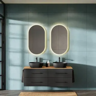 Doppelwaschtischunterschrank LUX 140 cm gold eiche / anthrazit mit 2x Waschbeckbecken schwarz 42 cm und 2x Spiegel mit Beleuchtung