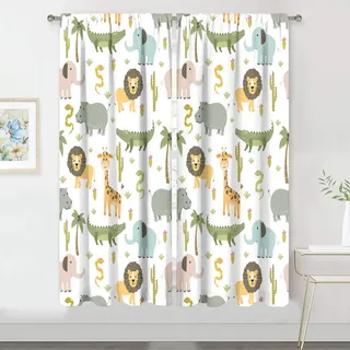 MESHELLY Vorhänge für Kinderzimmer, Safari-Tiere, 74 cm (B) x160 cm (H) Stangentasche, Baby, Jungen, Kinder, Wald, Dschungel, Löwe, Elefant, Bedruckte Vorhänge für Wohnzimmer, Stoff, 2 Vorhänge
