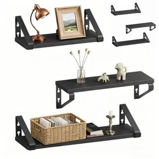 Relaxdays Wandregal, 6er Set, 3 Größen: 30, 35, 40 cm Breite, Holzoptik & Metall, Wandbretter für Bücher & Deko, schwarz