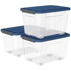 Cetomo 80L*3 Kunststoff-Aufbewahrungsbox Transparent Container mit langlebigen blauen Deckel und Sicherheitsverschluss stapelbar und verschachtelt 3-Packs mit Schnallen