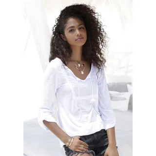 Strandshirt BUFFALO, Damen, Gr. 40/42, weiß, Jersey, Obermaterial: 100% Viskose. Einsatz: 100% Baumwolle, leicht durchscheinend, unifarben, figurumspielend hüftlang, Rundhals, mit Riegel, Shirts Strandshirt, mit Stickerei und Quasten, Tunika, 3/4-Arm, Blusenshirt, Topseller