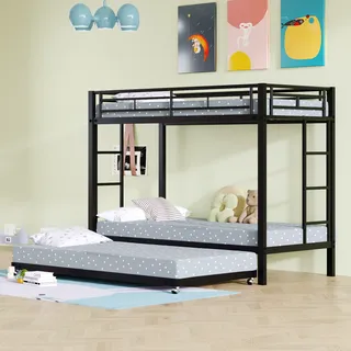MODFU Etagenbett Kinderbett 90x200cm mit Ausziehbett 90x190cm und Lattenrost(drei Kinderbett), Hochbett mit Rausfallschutz, Eisenrahmenbett Metallbett für drei Kinder, Stockbett Jugendbett, schwarz - Schwarz