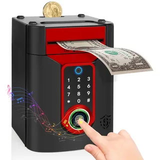 Highttoy Spardose Kinder, Elektronische Spardose mit Touchscreen und Fingerabdruck, Geldautomat Sparbox Tresor Kinder, Geschenk Jungen Mädchen 3-12 Jahre, Schwarz Rot