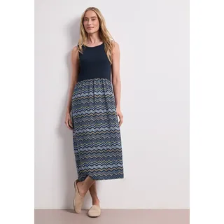 Midikleid STREET ONE, Damen, Gr. 42, N-Gr, blau (tiefblau), Web, Obermaterial: 97% Viskose, 3% Elasthan, gemustert, körpernah 3/4-Länge, Rundhals, Kleider Midikleid, mit Struktur-Rock und Zick-zack-Muster