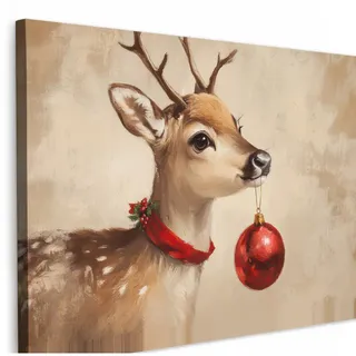 MuchoWow Leinwandbild Weihnachten - Hirsch - Geweih - Weihnachtskugel - Rentier Wanddeko 90x60 cm , Textil , Rechteckig , 90x60 cm , FSC 100% , gerahmt , Bilder & Rahmen, Bilder, Leinwandbilder