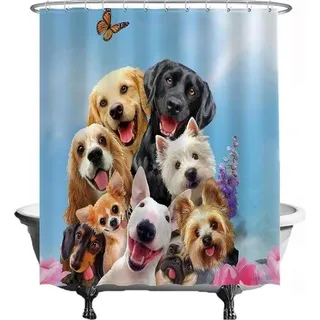 Duschschwelle - 180 x 200 cm - Wasbar - Anti Schimmel - mit 12 Ringen - Blauw Zwart Beige Wit Rosa - Hundethema - Bunt