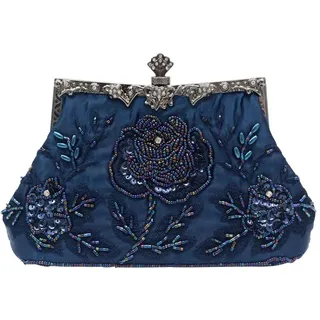 CORIOS Vintage 1920s Abendtasche Floral Clutch Tasche Damen Handgemachte Perle Handtasche Elegante Schultertasche Kette Umhängetasche Klein Tasche Hochzeit Bankett-Party Abschlussball Tasche Blau