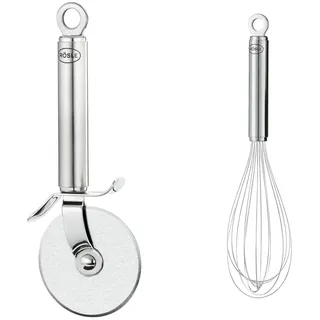 RÖSLE Pizzaschneider, Hochwertiges Pizzamesser mit stabilem Rad & Schneebesen, hochwertiger Rührbesen mit schmalem Griff, Edelstahl 18/10, Spülmaschinengeeignet, Länge 27 cm