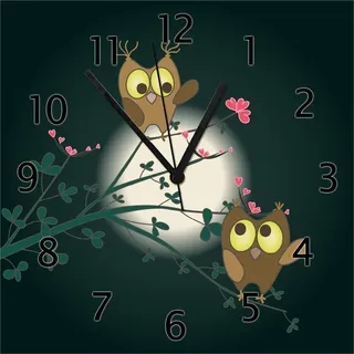 Wallario Design Wanduhr Süße verliebte Eulen auf dem Ast bei Nacht im Mondschein aus Echtglas, Größe 30 x 30 cm - Schwarz