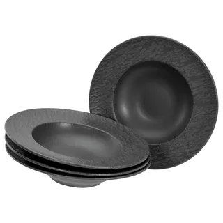 CreaTable Pastateller "Schiefer Black, Pasta Gourmetteller Set 4-tlg" Teller Set, Seidenmatte Spezialglasur, Ausdruckstarkes Relief, schwarz