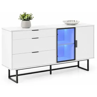 Stilvora Sideboard in Weiß Kommode mit 3 Schubladen, Glastüren und LED-Lichtleiste für Esszimmer und Wohnzimmer, B160T36/H78cm , Metall , 2 Fächer , Rechteckig , eckig , 160x78x36 cm , Kleinmöbel, Kommoden, Sideboards