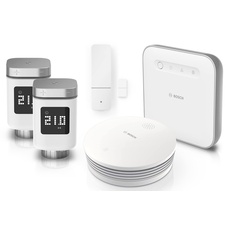 Bosch Smart Home Einsteiger-Set zur smarten Steuerung des Raumklimas und zuverlässiger Alamierung, 2x Heizkörperthermostat II, 1x Tür-/Fensterkontakt II, 1x Rauchmelder, 1x Controller