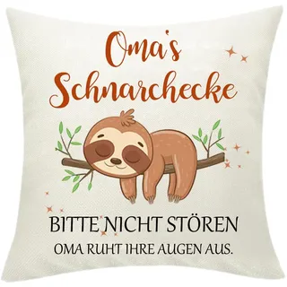 Zalingo Oma's Schnarchecke Deko Kissenbezug, 45 x 45 cm, Lustiges Faultier Design, Doppelseitig Bedruckt Leinen Kopfkissenbezug, Geburtstag Geschenk für Oma