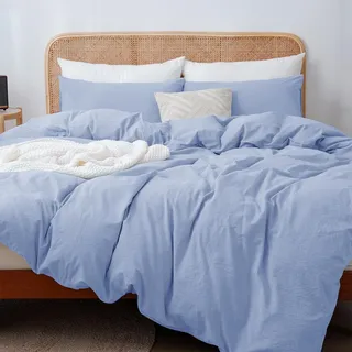 ATsense Bettwäsche 135x200 Baumwolle 4teilig, Stonewashed Bettwäsche-Sets Hellblau Ähnlich wie Leinen, Oeko-TEX, Hypoallergen und Atmungsaktiv, 2 Bettbezug und 2 Kissenbezug 80x80