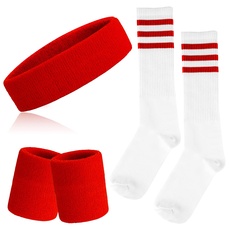 ONUPGO 5-teiliges gestreiftes Schweißband und Socken-Set, gestreiftes Stirnband, Schweißbänder, gestreifte hohe Socken für Männer, Frauen, Sport und 80er-Party (Red)