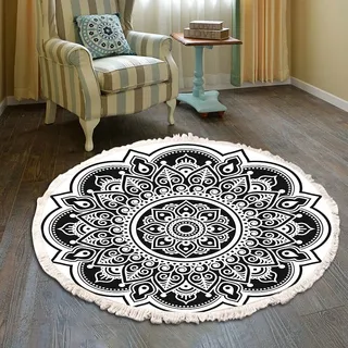 Vintage Boho Baumwolle Teppiche Mandala Muster Waschbar Handgewebte Böhmische Runder Teppich mit Quasten für Schlafzimmer Flur Wohnzimmer Couchtisch Fußmatten,Waschmaschinenfest,60CM Blumen #21