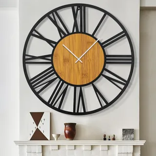 HAITANG 80 cm runde Holz-Wanduhr schwarz für Wohnzimmer-Dekoration, Vintage-Stil, römische Ziffern, geräuschlos, Nicht tickend, Hängeuhren für Zuhause, Garten, Büro, Café, Zimmerdekoration