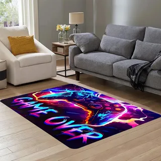 Gaming Teppich, GAME OVER Kinderzimmer Teppiche Junge aus Kristallvelours und Punktmatrixmaterial, Gamer Teppich mit Gamecontroller-Muster für Schlafzimmer, Wohnzimmer und Spielzimmer, 80×120CM
