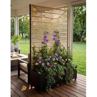 Hochbeet mit Sichtschutz, Metall Pflanzkasten mit Rankgitter und Rollen, freistehender Pflanzkübel 33cm tief, wetterfest für Blumen und Kletterpflanzen - Ideal für Garten, Balkon und Terrasse