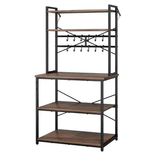 Kitchen Bakers Rack, 800 mm Width Bakers Rack, Kitchen Stand with X-Shaped Support Bar, 12 S-Shaped Hooks, Double-Layer Top Shelf, Coffee Bar Stand for Dishes & Bowls, Spice Bottles - Schwarz