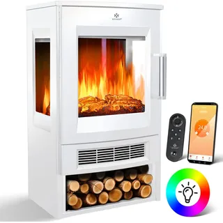 KESSER® Elektrokamin mit Heizung Panorama-Sichtfenster Heizlüfter 9 LED-Flammeneffekt Farbmodi Fernbedienung WiFi App 900/1800W Kaminfeuer elektrisch Elektro Kamin mit Thermostat Heizfunktion Timer - Weiß