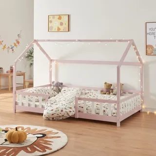 Kinderbett ’Sisimiut’ in Haus-Optik mit Rausfallschutz Kiefernholz 140 x 200 cm Rosa / Weiß - Rosa