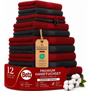 Betz Premium Handtuch-Set 12-teilig, Oeko-TEX Standard 100, 100 % Baumwolle, 470 g/m2, 2 Duschtücher, 4 Handtücher, 2 Gästetücher, 2 Seiftücher, 2 Waschhandschuhe - Farbe rubinrot/Graphit