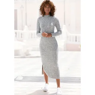 Strickkleid LASCANA "mit Zopfmuster, seitlicher Schlitz, elegantes Pulloverkleid", Damen, Gr. 40, N-Gr, grau (grau meliert), Strick, Obermaterial: 84% Polyacryl, 10% Polyamid, 6% Polyester, meliert, figurbetont ca. Mitte Wade, hoch geschlossener Ausschnitt, Kleider Strickkleid, Langarm, Midikleid aus weichem Strick, figurbetont, herbstlich, casual
