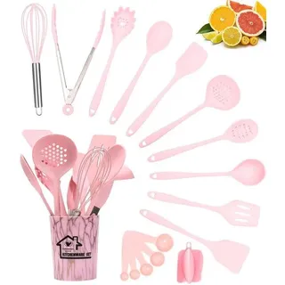 Ibenzoa® Silikon-Kochutensilien-Set, 18-teilig – lebensmittelecht, bis 230°C hitzebeständig, spülmaschinenfest, mit Spatel, Sieb, Ölpinsel, Spaghetti-Schraper, Suppenkelle, Mizuna, Schneebesen, 5 Messlöffel & Aufbewahrungsbehälter