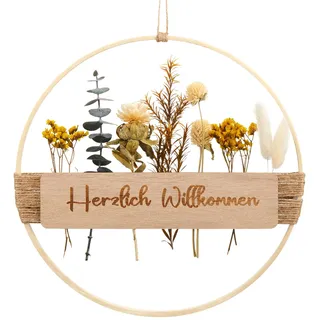 Xinnun Türkranz Trockenblumenkranz Herzlich Willkommen Schild Haustür Holz Türkranz Trockenblumen Boho Türdeko Ganzjährig Willkommensschild Naturtöne Hängedeko für Wand Fenster Deko 25cm(Hell)