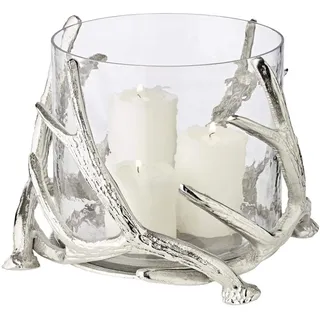 Edzard Windlicht Kingston, Höhe 20 cm, Durchmesser 25 cm, Hirschgeweih Design, Aluminium vernickelt, silberfarben, mit abnehmbarem Glas ohne Boden