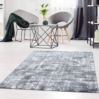 Teppich Läufer Kurzflor Grau Blau - 80x300 cm - Teppiche Modern Meliert Flur Diele