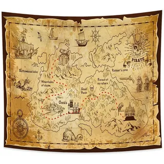 YONGFOTO 220x190cm Schatzkarte Wandteppich Piratenkarten Piratenflagge Westliche Schatzinsel Route Navigation Alte Weltkarte Poster Groß Wandbehang Tapisserie für Wohnheimdeko Sofa Bettüberwurf
