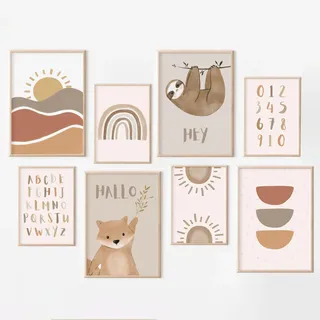 MeinBaby123® Poster Kinderzimmer DIN A4 und A5 Set Wandbilder Deko Bilder Boho Babyzimmer Wandposter Premium (Faultier & Bär 8er Set)