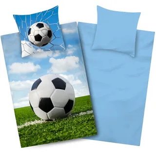 Aminata kids - Fußball Bettwäsche 135x200 Jungen - Fussball-Fan-Motiv Polycotton - mit Reißverschluss - Wende Teenager-Kinder-Bettwäsche-Set blau