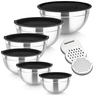 TEAMFAR Rührschüssel 6er Set, Edelstahl Schüssel Salatschüssel Set mit Deckel für Küche, 3 Reibenaufsätzen & Luftdichtem Deckel, 4,6L/2,8L/2,5L/1,6L/1,2L/0,7L, Schwarz, Stapelbar & Spülmaschinenfest