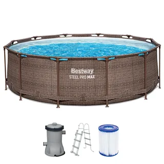 Bestway Steel Pro MAX Frame Pool-Set mit Filterpumpe Ø 366 x 100 cm, Rattan-Optik (Schokobraun), rund