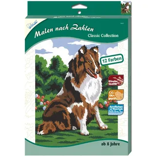 MAMMUT 110017 - Malen nach Zahlen Classic Tiermotiv, Collie, Hund, Komplettset mit bedruckter Malvorlage im A4 Format, 12 Acrylfarben und Pinsel, Malset für Kinder ab 8 Jahre