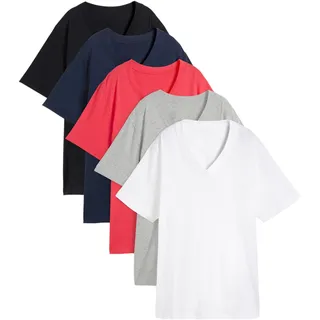 Longshirt BONPRIX "Weites Long-Shirt mit V-Ausschnitt, Kurzarm (5er Pack)", Damen, Gr. 44/46 (L), bunt (schwarz, hibiskuspink, hellgrau meliert, weiß, dunkelblau), Jersey, Obermaterial: 90% Baumwolle, 10% Viskose, mehrfarbig, unifarben, loose fit normal, V-Ausschnitt, gerader Abschluss, Shirts Longshirt, lockere Passform, Kurzarm, mit V-Ausschnitt, unifarben