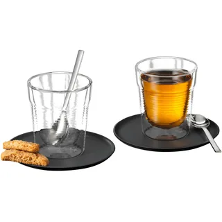 K-FEE doppelwandige Thermogläser, 2x 260 ml Teegläser mit 2 Untertassen und 2 Teelöffeln, Tassen, Kaffeeglas, Cappuccino, Kakao, Tee, aus Borosilikatglas, spülmaschinengeeignet