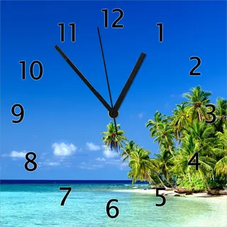 Wallario Design Wanduhr Blauer Himmel weißer Strand Palmen und das tiefblaue Meer aus Echtglas, Größe 30 x 30 cm - Blau