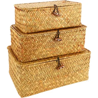APACALI 3 Stück Rattan Aufbewahrung Korb, Rechteckig Seegras Korb mit Deckel, Natürlicher Seegras Geflochten Korb, Weidenkörbe für Regale, Organisation von natürlichem Seegras, 3er-Set