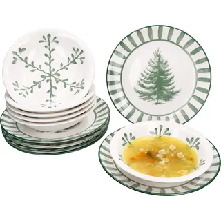 12tlg Tafelservice Wald grün 6 Personen Essteller Suppenteller Weihnachten - Grün