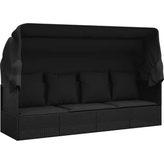 vidaXL Outdoor-Loungebett mit Dach und Kissen Schwarz Poly Rattan - Schwarz